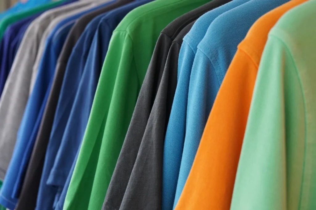 Colorful T-shirts for marketing lined up in a row