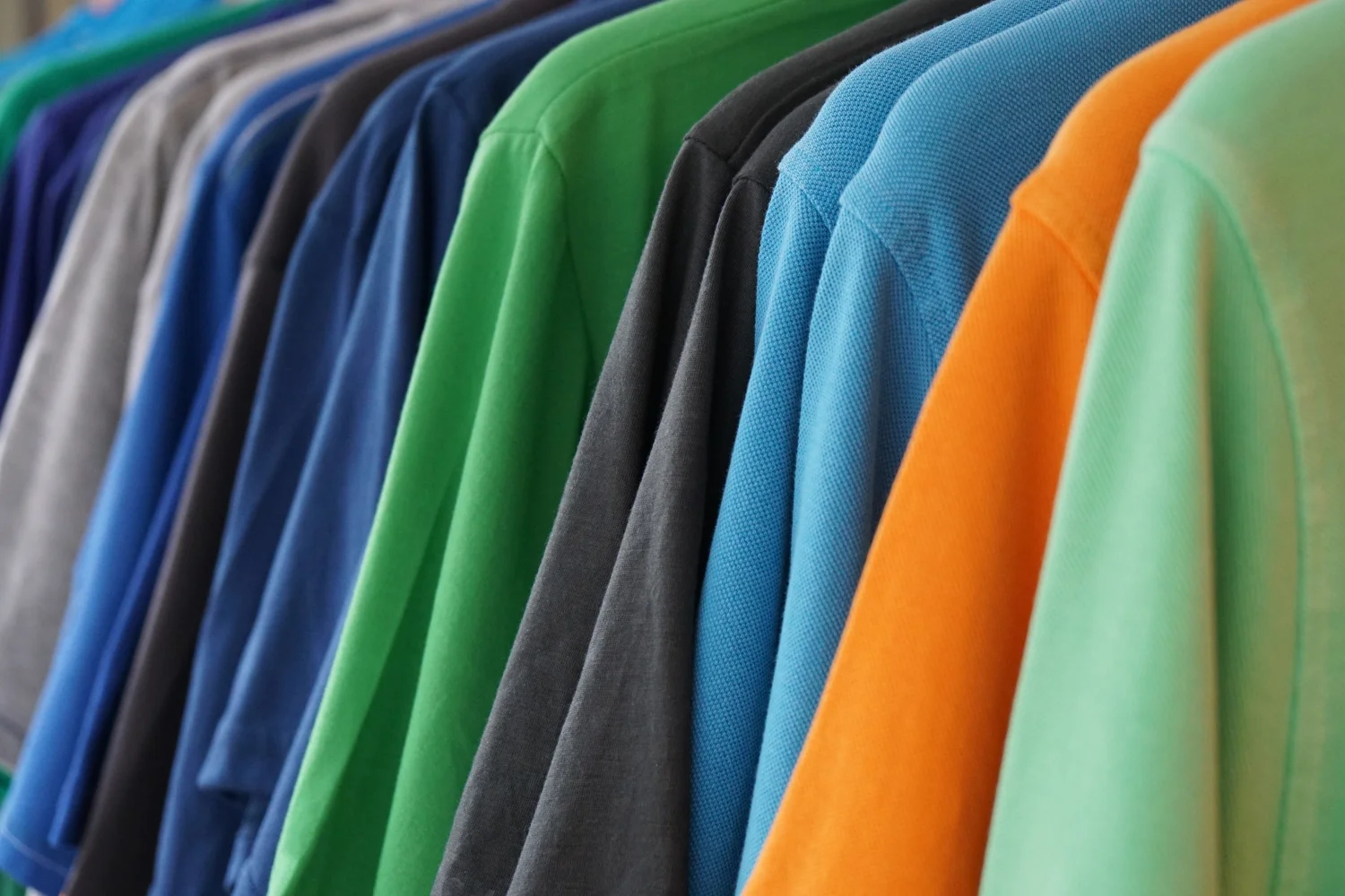 Colorful T-shirts for marketing lined up in a row