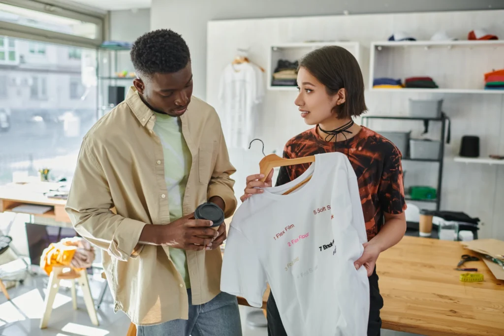 A woman showing a custom printed t-shirt to a man in a modern shop setting, highlighting the importance of choosing the right promotional products.